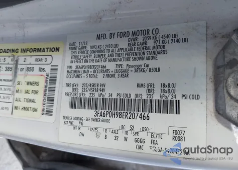 2014 Ford Fusion Se from USA, damaged, VIN 3FA6P0H98ER207466